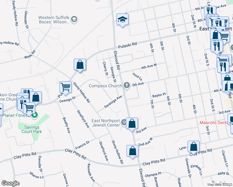 map of restaurants, bars, coffee shops, grocery stores, and more near 52 Georgia Street in East Northport