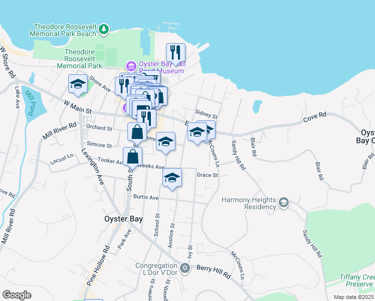map of restaurants, bars, coffee shops, grocery stores, and more near 37 Anstice Street in Oyster Bay