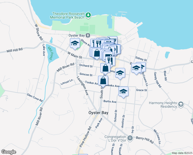 map of restaurants, bars, coffee shops, grocery stores, and more near 66 Simcoe Street in Oyster Bay