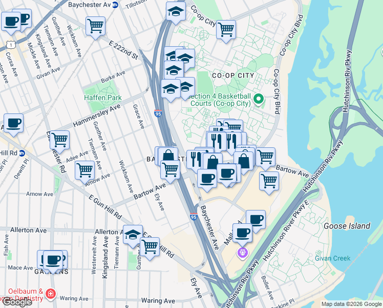 map of restaurants, bars, coffee shops, grocery stores, and more near 120 Aldrich Street in Bronx