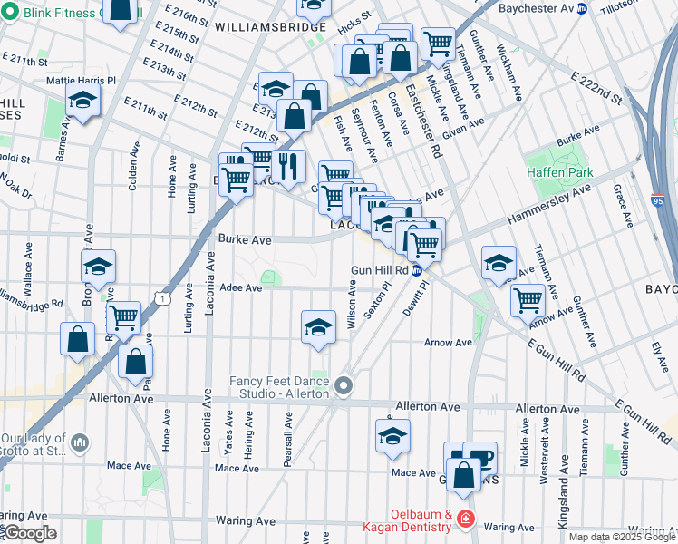 map of restaurants, bars, coffee shops, grocery stores, and more near 3032 Bouck Avenue in Bronx