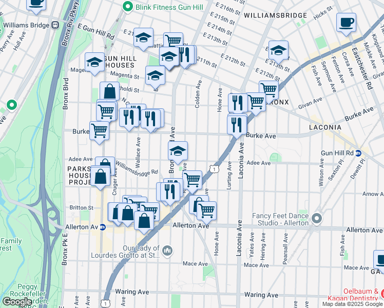 map of restaurants, bars, coffee shops, grocery stores, and more near 3032 Radcliff Avenue in Bronx