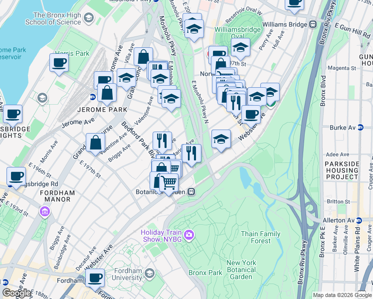 map of restaurants, bars, coffee shops, grocery stores, and more near in The Bronx