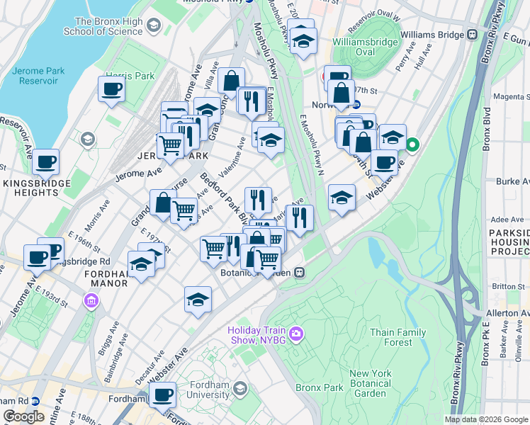 map of restaurants, bars, coffee shops, grocery stores, and more near 2979 Perry Avenue in The Bronx