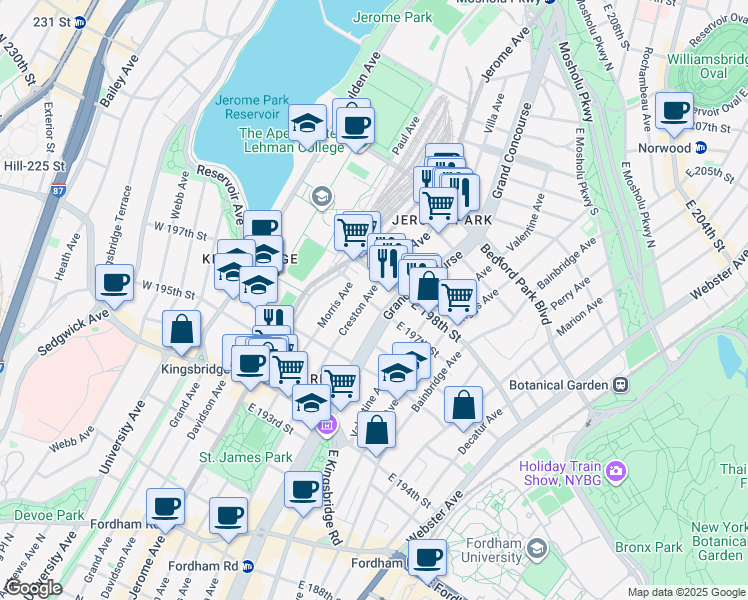 map of restaurants, bars, coffee shops, grocery stores, and more near 2820 Morris Avenue in Bronx