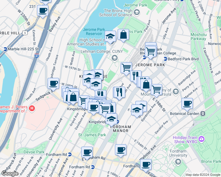 map of restaurants, bars, coffee shops, grocery stores, and more near 2808 Jerome Avenue in The Bronx