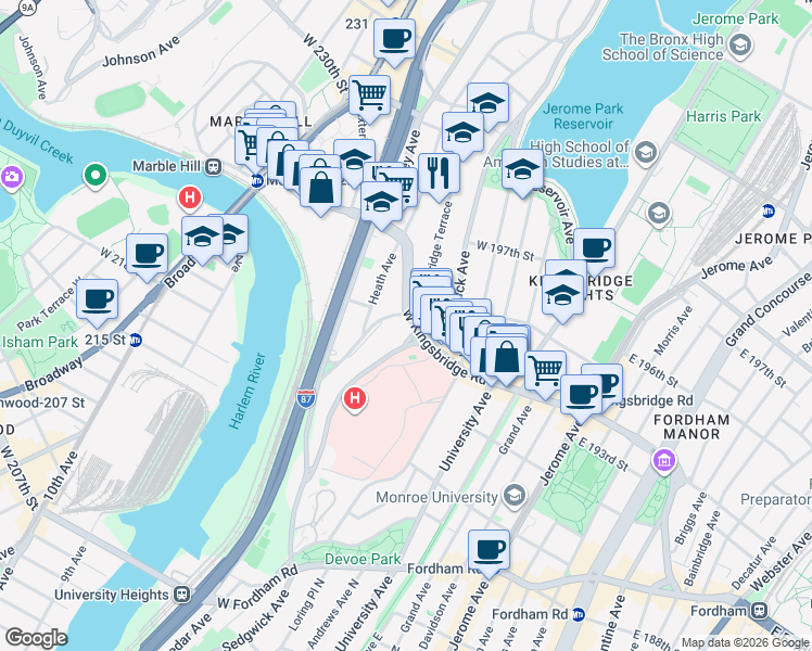 map of restaurants, bars, coffee shops, grocery stores, and more near 2667 Kingsbridge Terrace in Bronx