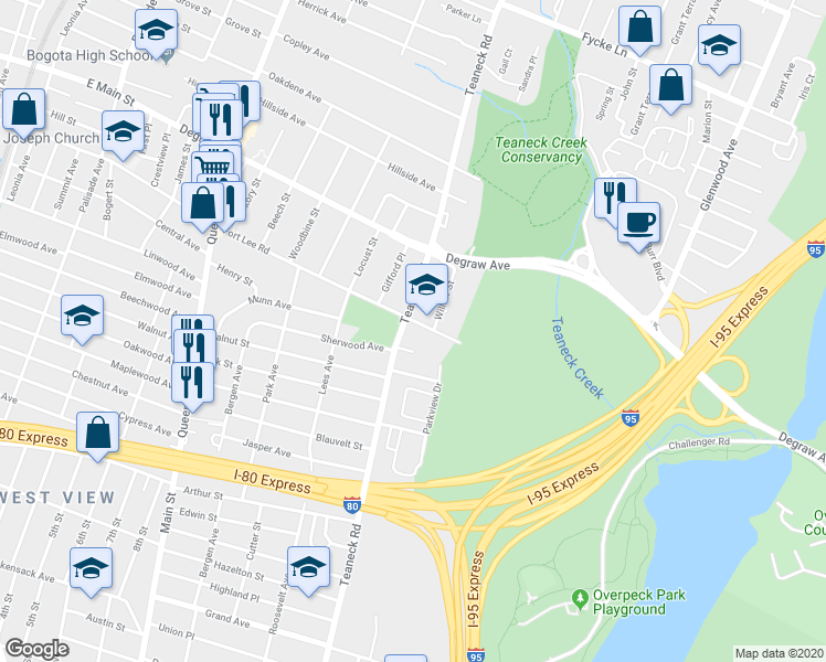 map of restaurants, bars, coffee shops, grocery stores, and more near 278 Willow Street in Teaneck