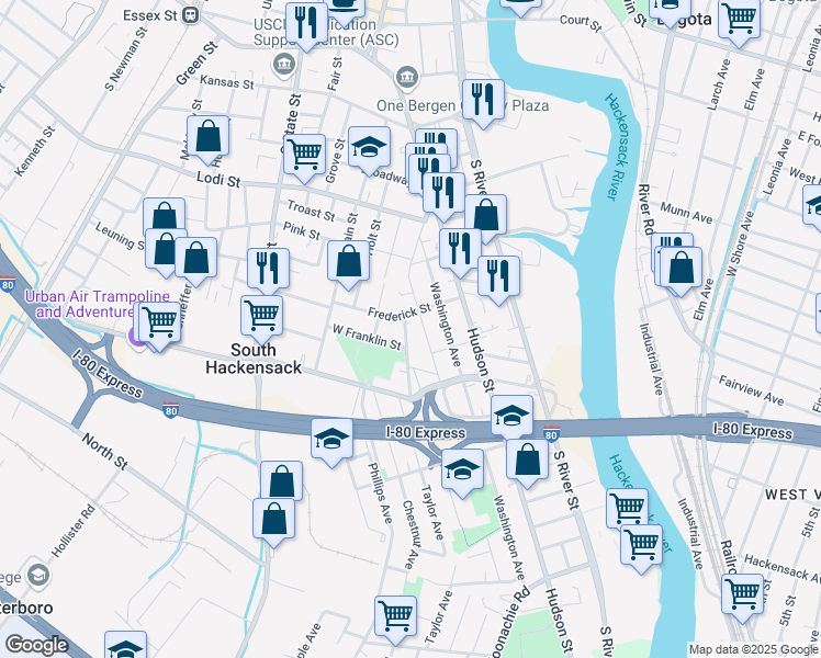 map of restaurants, bars, coffee shops, grocery stores, and more near 247B Jackson Avenue in Hackensack