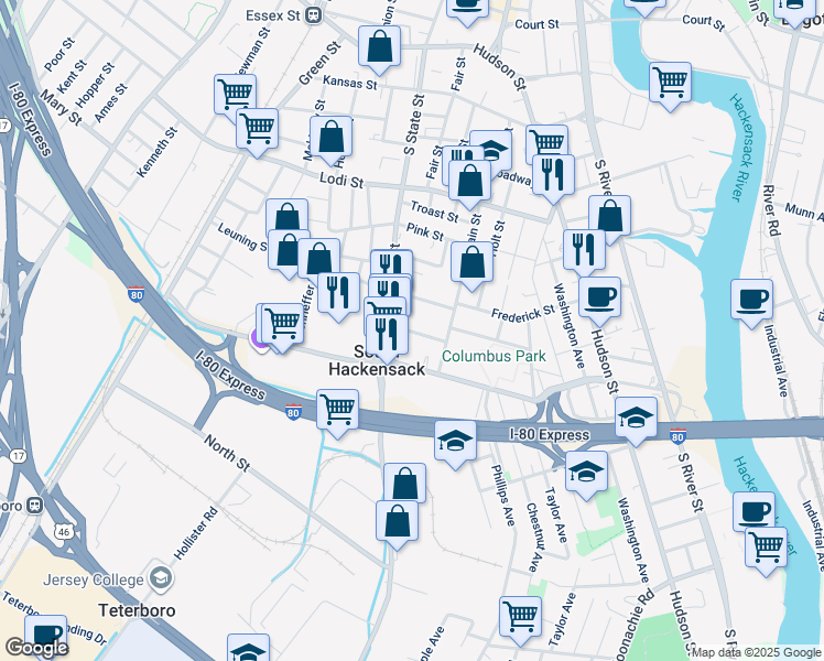 map of restaurants, bars, coffee shops, grocery stores, and more near 31 Hoffman Street in South Hackensack