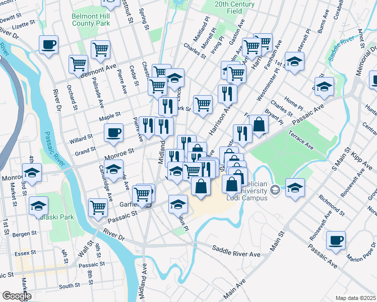 map of restaurants, bars, coffee shops, grocery stores, and more near 88 Macarthur Avenue in Garfield