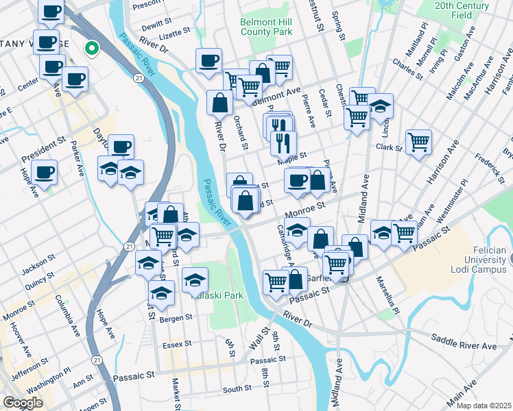 map of restaurants, bars, coffee shops, grocery stores, and more near 165 Cambridge Avenue in Garfield