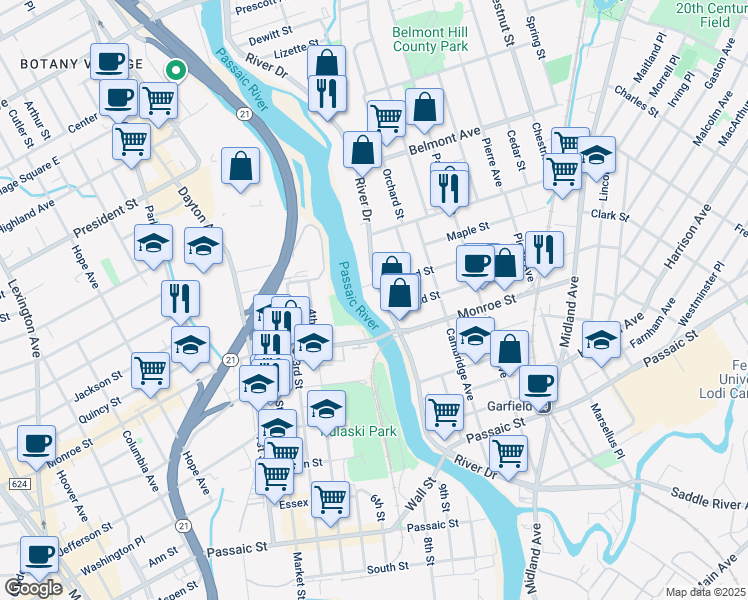 map of restaurants, bars, coffee shops, grocery stores, and more near 379 River Drive in Garfield