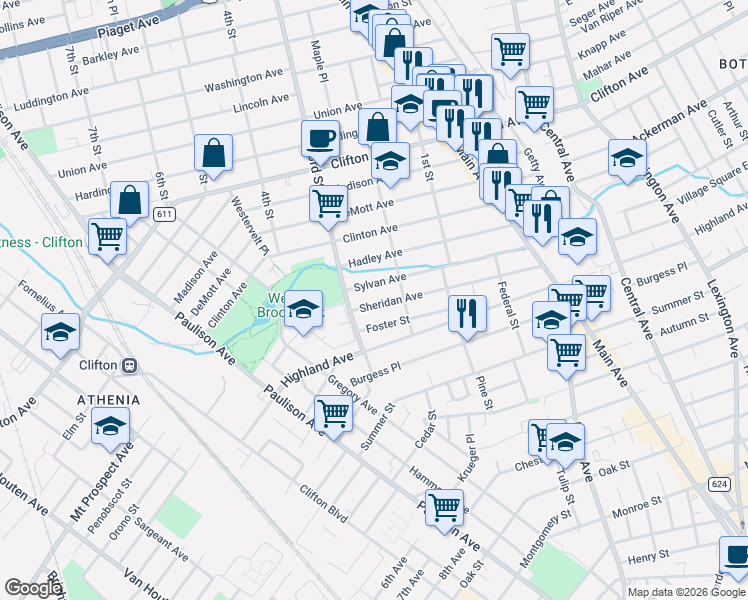 map of restaurants, bars, coffee shops, grocery stores, and more near 158 Sylvan Avenue in Clifton