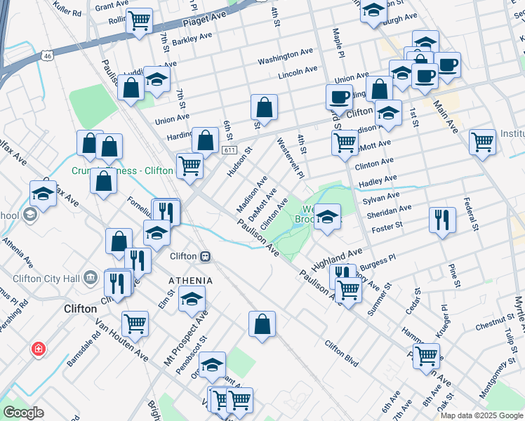 map of restaurants, bars, coffee shops, grocery stores, and more near 275 DeMott Avenue in Clifton