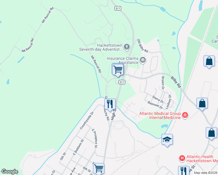 map of restaurants, bars, coffee shops, grocery stores, and more near 917 County Road 517 in Hackettstown