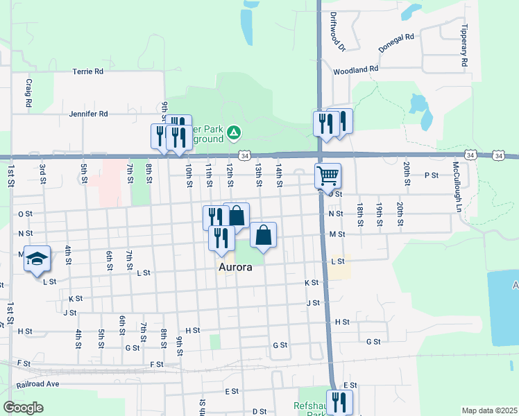 map of restaurants, bars, coffee shops, grocery stores, and more near 1300-1312 O Street in Aurora