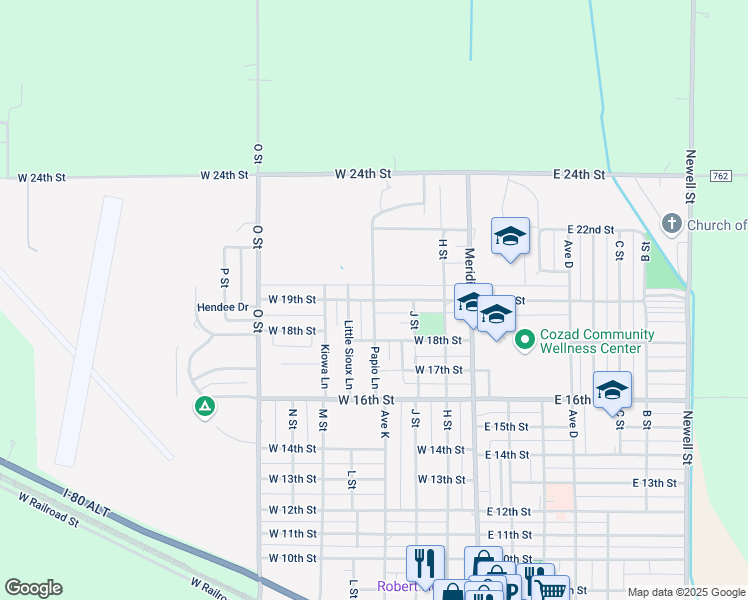 map of restaurants, bars, coffee shops, grocery stores, and more near Papio Lane in Cozad