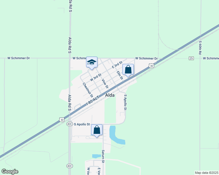 map of restaurants, bars, coffee shops, grocery stores, and more near 105 West Pine Street in Alda