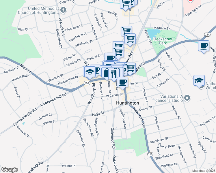 map of restaurants, bars, coffee shops, grocery stores, and more near 304 Main Street in Huntington
