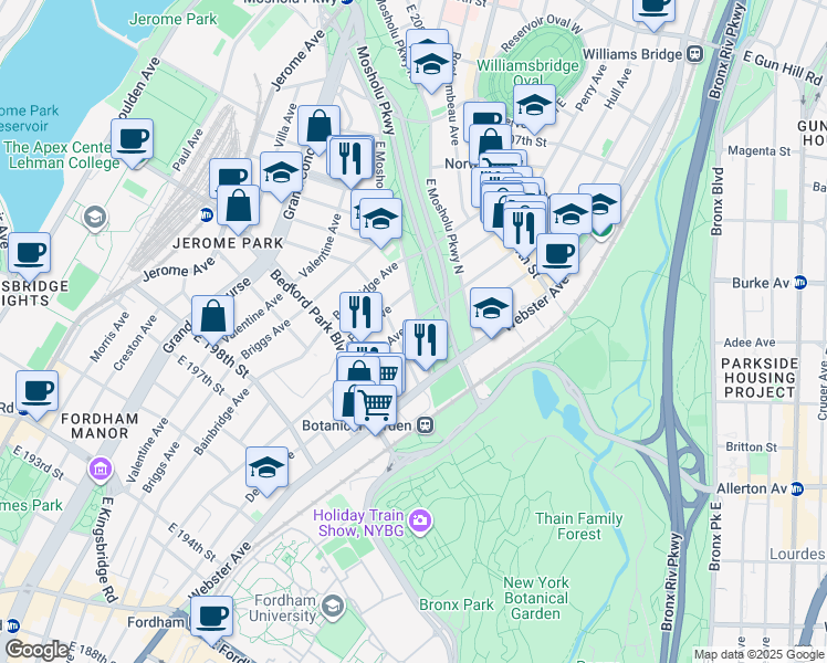 map of restaurants, bars, coffee shops, grocery stores, and more near 354 Mosholu Parkway South in Bronx