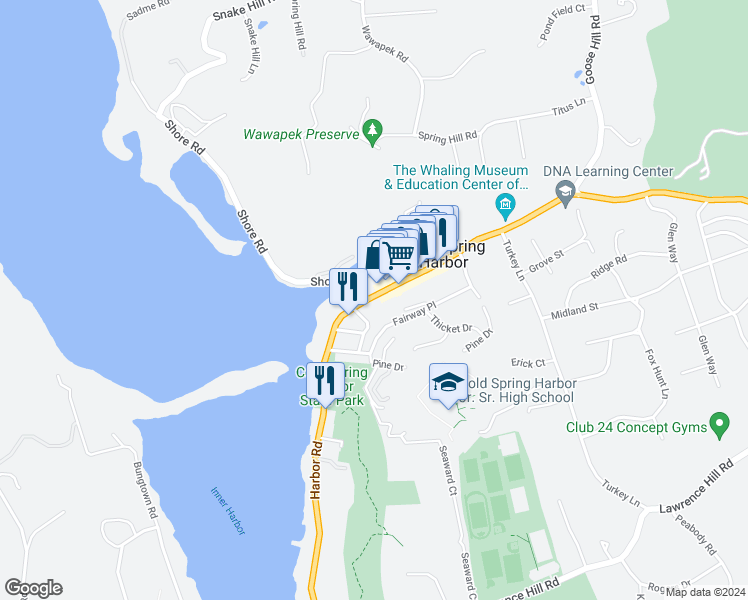 map of restaurants, bars, coffee shops, grocery stores, and more near 12 Main Street in Cold Spring Harbor