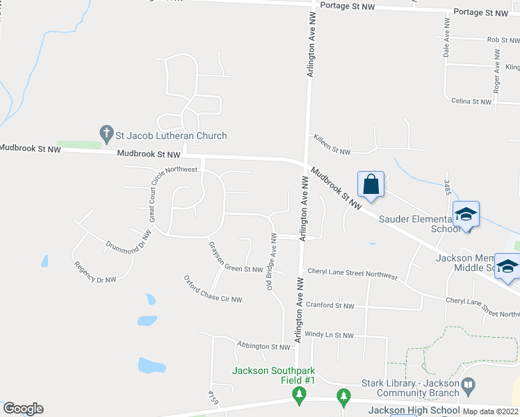 map of restaurants, bars, coffee shops, grocery stores, and more near 6150 Old Bridge Avenue Northwest in Massillon