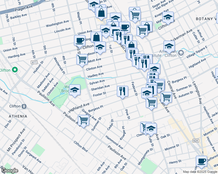 map of restaurants, bars, coffee shops, grocery stores, and more near 106 Sheridan Avenue in Clifton