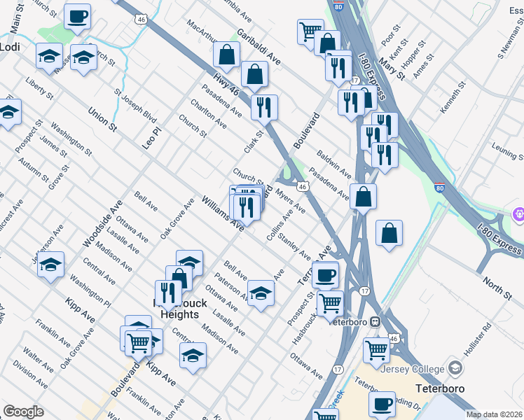 map of restaurants, bars, coffee shops, grocery stores, and more near in Hasbrouck Heights