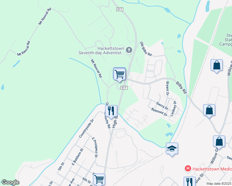 map of restaurants, bars, coffee shops, grocery stores, and more near 917 County Road 517 in Hackettstown