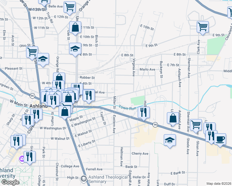 map of restaurants, bars, coffee shops, grocery stores, and more near 328 Miller Street in Ashland
