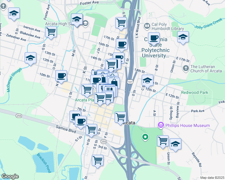 map of restaurants, bars, coffee shops, grocery stores, and more near 630 11th Street in Arcata