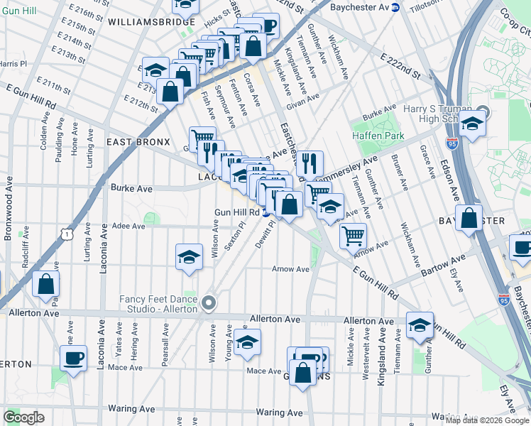 map of restaurants, bars, coffee shops, grocery stores, and more near in The Bronx