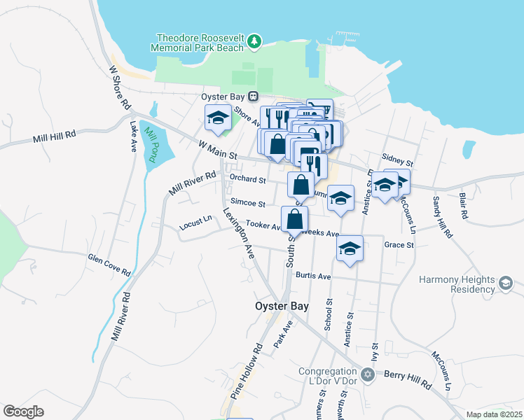 map of restaurants, bars, coffee shops, grocery stores, and more near 66 Simcoe Street in Oyster Bay