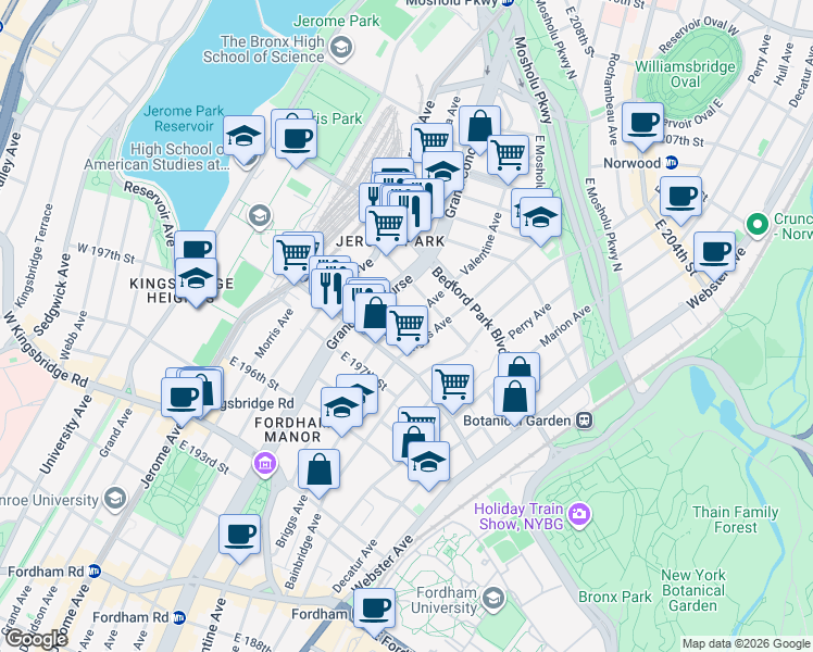 map of restaurants, bars, coffee shops, grocery stores, and more near 2884 Valentine Avenue in Bronx