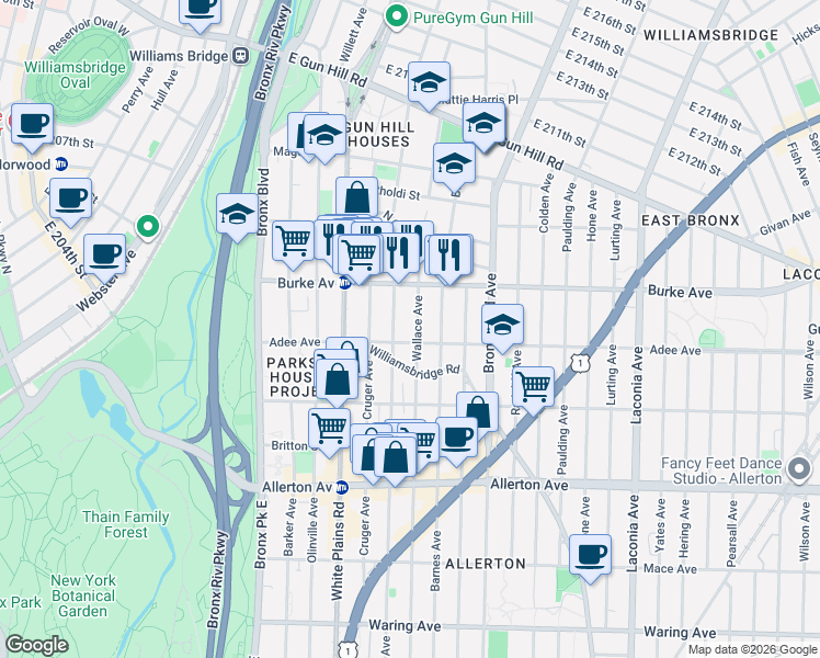 map of restaurants, bars, coffee shops, grocery stores, and more near 3027 Wallace Avenue in Bronx