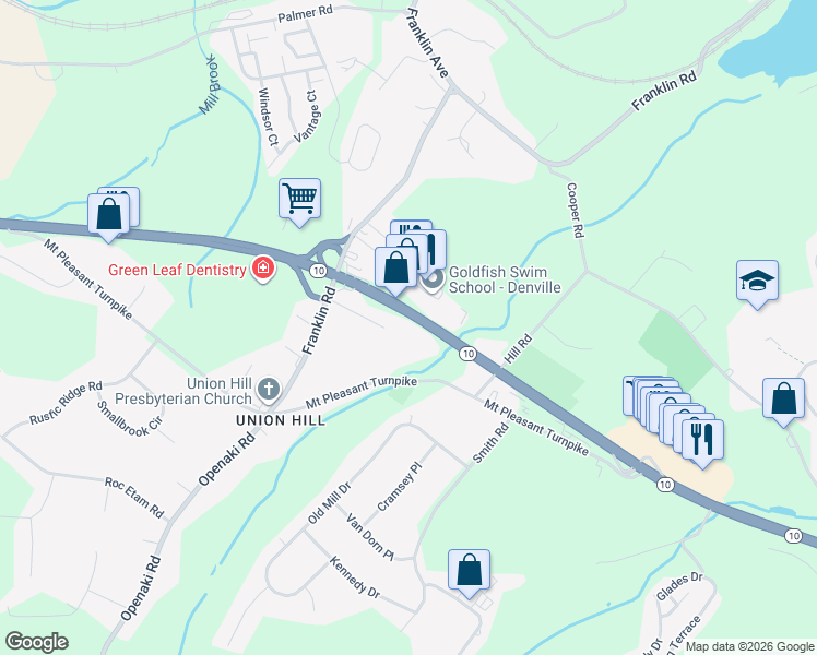 map of restaurants, bars, coffee shops, grocery stores, and more near 3125 New Jersey 10 in Denville