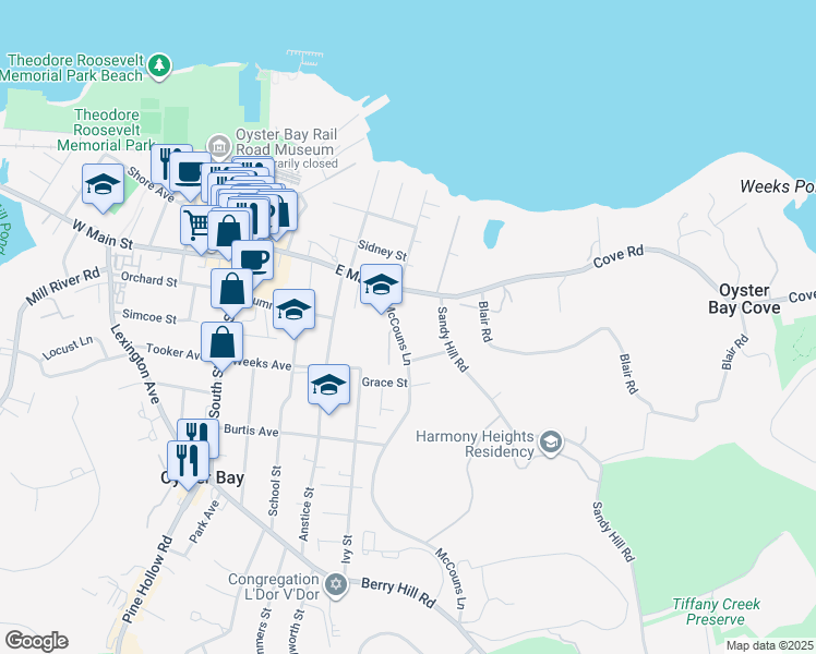 map of restaurants, bars, coffee shops, grocery stores, and more near 1 McCouns Lane in Oyster Bay