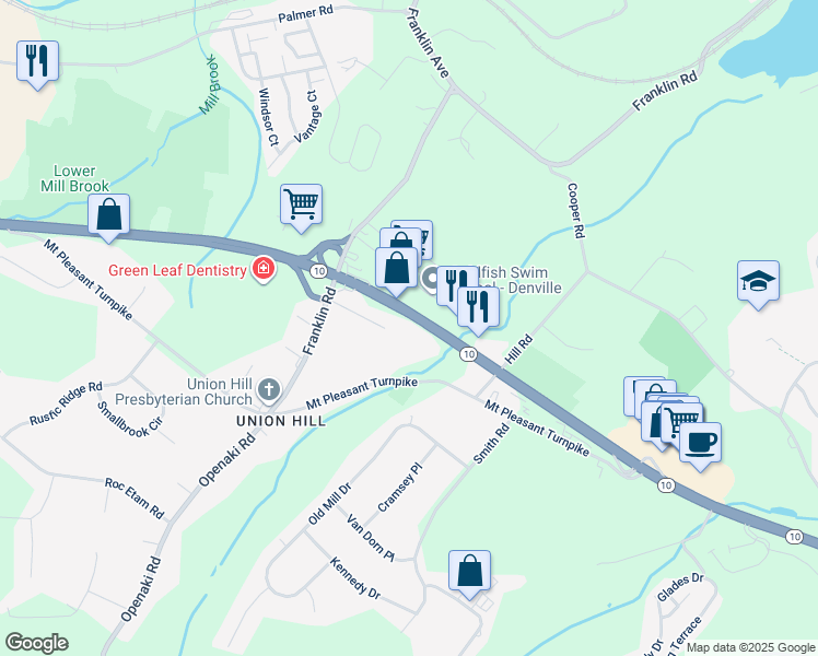 map of restaurants, bars, coffee shops, grocery stores, and more near 3125 New Jersey 10 in Denville