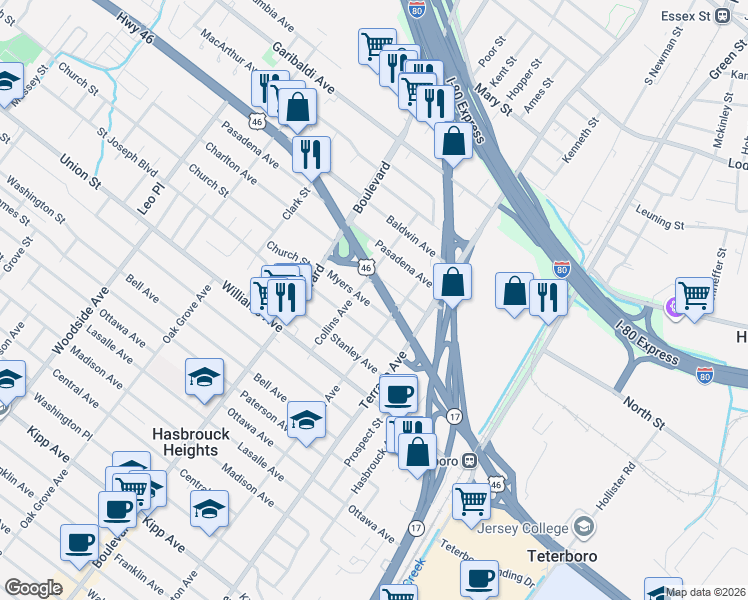 map of restaurants, bars, coffee shops, grocery stores, and more near 510 Collins Avenue in Hasbrouck Heights