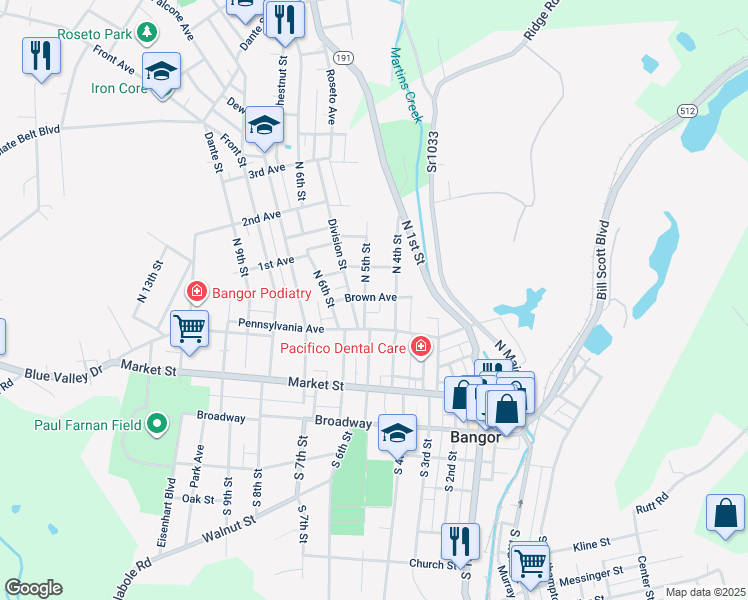 map of restaurants, bars, coffee shops, grocery stores, and more near 143 North 5th Street in Bangor