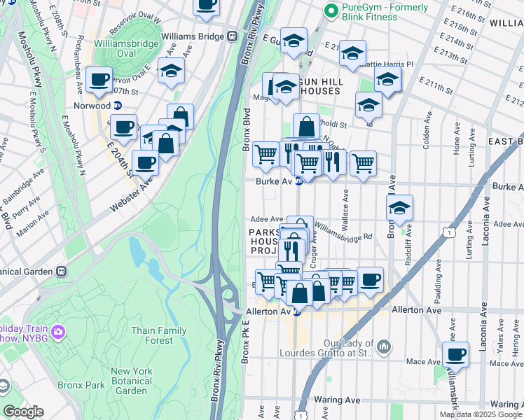 map of restaurants, bars, coffee shops, grocery stores, and more near 656 Lester Street in Bronx