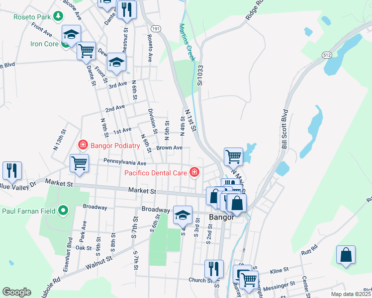 map of restaurants, bars, coffee shops, grocery stores, and more near 114 North 4th Street in Bangor