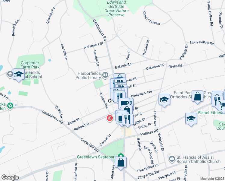 map of restaurants, bars, coffee shops, grocery stores, and more near 8 Ann Street in Greenlawn