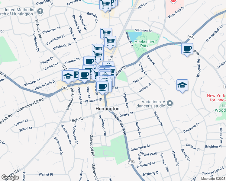 map of restaurants, bars, coffee shops, grocery stores, and more near 7 Elm Street in Huntington