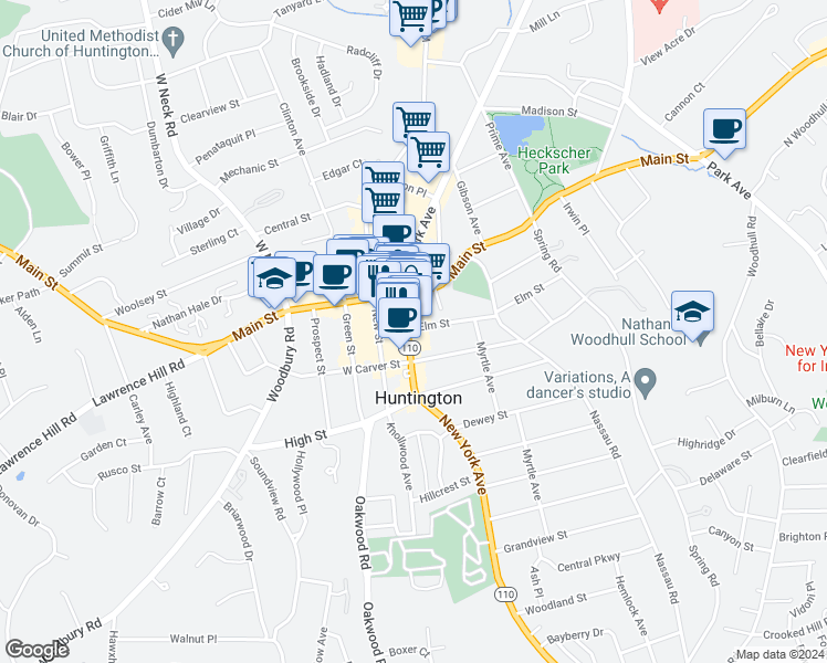 map of restaurants, bars, coffee shops, grocery stores, and more near 281 Main Street in Huntington