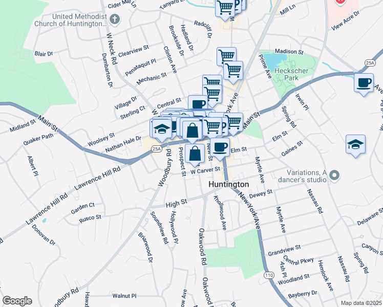 map of restaurants, bars, coffee shops, grocery stores, and more near 12 Prospect Street in Huntington