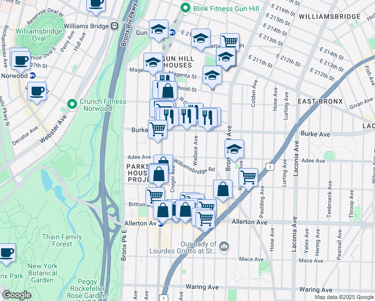 map of restaurants, bars, coffee shops, grocery stores, and more near 3027 Wallace Avenue in Bronx