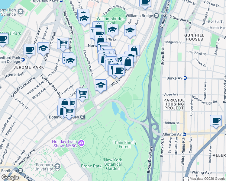 map of restaurants, bars, coffee shops, grocery stores, and more near 3077 Webster Avenue in Bronx
