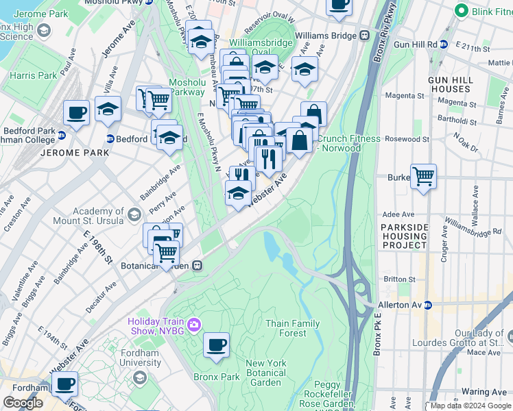 map of restaurants, bars, coffee shops, grocery stores, and more near 3077 Webster Avenue in Bronx